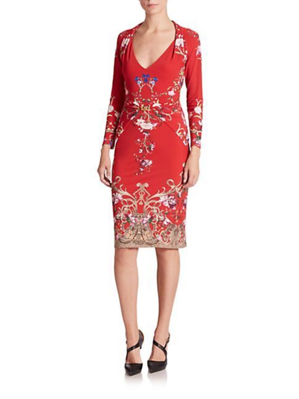 Roberto Cavalli Red Floral Long-Sleeve V-Neck Sheath Dress